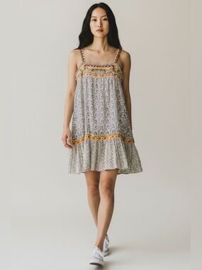 Free People Boho Embroidered Mixed-Print Lace-Up Mini Dress- Tan- XS- MSRP $168